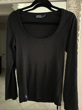 Polo by Ralph Lauren Black Long-Sleeve Scoop Neck Top with Purple Logo